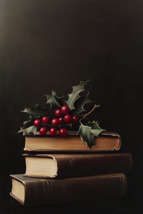 Holiday Book Stack Canvas Print Inspired by Still Life Masterpieces in Rich Earthy Tones for Festive Home Decor by CustomCanvasCurators 🎨 Embrace the holiday warmth with our stunning canvas print featuring vintage books, holly leaves, and vibrant red berries! 📚✨ Perfect for adding nostalgic charm to your decor and sparking festive conversations 🎁🏡 #HolidayArt #VintageCharm #FestiveDecor https://www.etsy.com/listing/1803243535/holiday-book-stack-canvas-print-inspired?ref=rss #wallart #paint... Holiday Still Life Photography, Winter Still Life Photography, Christmas Still Life, Holly Decorations, Festive Home Decor, Still Life Images, Leather Bound Books, Holly Leaves, Book Stack