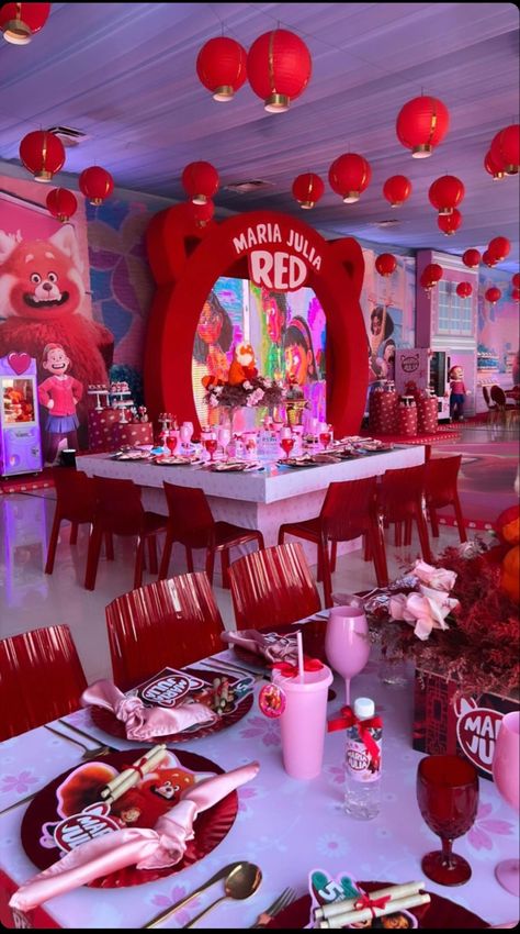 Turning Red Centerpiece Ideas, Turning Red Birthday Party Ideas, Turning Red Birthday Party Decorations, Red Panda Birthday Party Ideas, Turning Red Party Ideas, Red Panda Birthday Party, Turning Red Birthday Party, Turning Red Birthday, Red Party Ideas