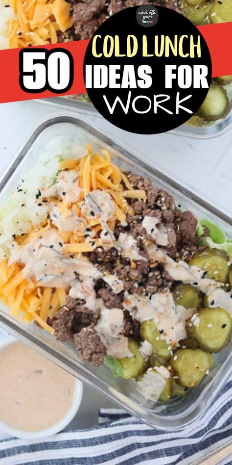 Healthy and easy cold lunches to meal prep for work like this low carb Big Mac salad recipe that's keto and gluten free. Easy Work Lunch Ideas Healthy, Gluten Free Work Lunch Ideas, Make Ahead Lunch Ideas For Work, Easy Work Lunch Meal Prep, Lunch Make Ahead, Glp1 Lunch Ideas, Meal Prep No Heat Lunch High Protein, Low Carb Lunch On The Go, Bariatric Lunch Ideas For Work