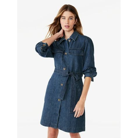 What To Wear Today, Denim Belt, Dress With Long Sleeves, Mini Dresses For Women, Career Wear, Dress Shirts For Women, Mini Shift Dress, Long Sleeve Shirt Dress, Style Ideas