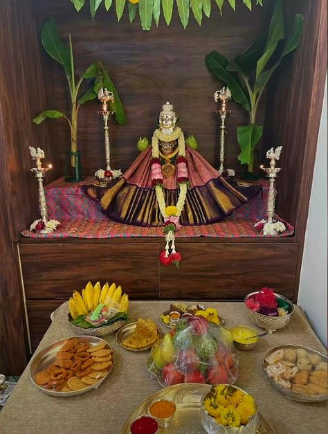 Pooja Decoration Ideas, Pooja Photos, Pooja Design, God Frame, Laxmi Pooja, Ganpati Decor, Varalakshmi Pooja, Lakshmi Pooja, Varalakshmi Vratham