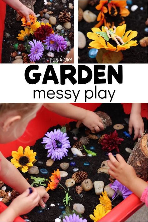 Garden Messy Play Small World - Fun-A-Day! Messy Play Ideas, Garden Sensory Bin, Garden Sensory, Messy Play Activities, Carrot Gardening, Babysitting Activities, Preschool Garden, Plants Unit, The Tiny Seed