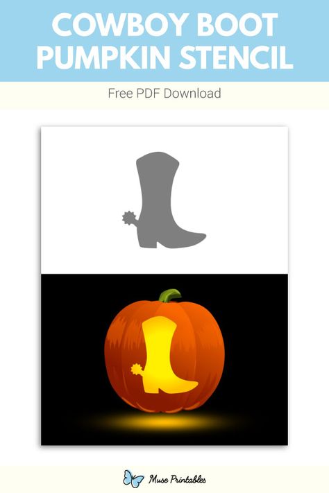 Free printable cowboy boot pumpkin stencil. Download it at https://museprintables.com/download/pumpkin-stencil/cowboy-boot/ Country Pumpkin Carving, Stencil For Pumpkin Carving, Harvest Ideas, Printable Pumpkin Stencils, Pumpkin Carving Stencils Free, Pumpkin Stencils Free, Pumpkin Stencils, Halloween Pumpkin Carving Stencils, Pumkin Carving