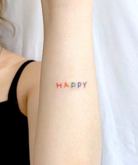 Words Tattoo, One Word Tattoo, Happiness Tattoo, One Word Tattoos, Tato Minimal, Matching Best Friend Tattoos, Pink Tattoo, Small Forearm Tattoos, Sharpie Tattoos