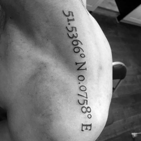 50 Coordinate Tattoo Ideas For Men - Geographic Landmark Designs Traps Tattoo Men Ideas, Trap Tattoos Men Shoulder, Gps Coordinates Tattoo, Coordinate Tattoo Ideas, Wedding Date Tattoos, Coordinates Tattoo, Mayan Tattoos, Roman Numeral Tattoos, Date Tattoos