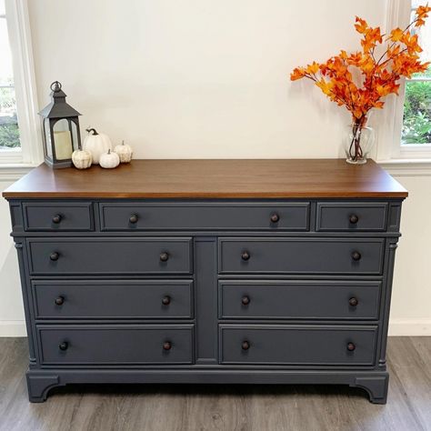 Grey Painted Dresser, Gray Dresser Makeover, Cherry Wood Dresser, Grey Painted Furniture, Brown Furniture Bedroom, Brown Dresser, Boy Dresser, Dark Grey Paint, Dresser Refinish