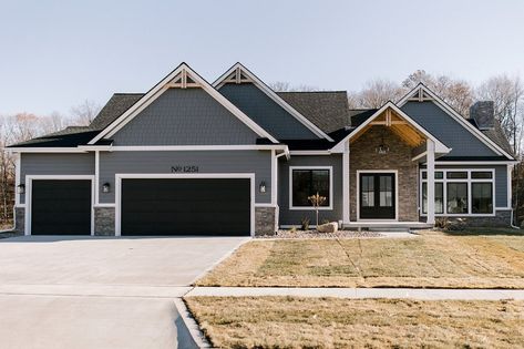 Black Birch Homes (@blackbirchhomes) • Instagram photos and videos Dark Gray House With White Trim, Gray House With White Trim, Garage Door White, Dark Gray House, Barn Shop Ideas, Black Birch Homes, Grey Garage Doors, Updated Living Room, Brown Garage Door