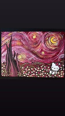 Hello Kitty Starry Night Painting - 5" by 7" Canvas Panel  | eBay Stary Nights Paintings, Hello Kitty Painting Ideas, Hello Kitty Painting, Starry Night Painting, Disney Paintings, Hippie Painting, Space Painting, Night Background, Cute Canvas Paintings