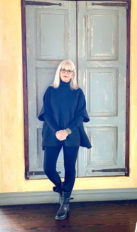 cindy hattersley in black poncho, leggings and combat style boots for the montly fashion edit with A Well Styled Life and Cindy Hattersley Design #fashionover50 #gentlesouls #grayhair Combat Boots For Women Over 50, How To Wear Ponchos Outfits Fall, Combat Boots Over 50, Scotland Fits, Sweater Dress With Boots, Cindy Hattersley, Make Accessories, Fashion Over Fifty, Stylish Outfits For Women Over 50