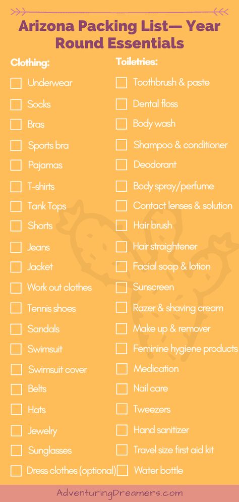 Arizona Packing List Essentials For Every Time of Year - Adventuring Dreamers Arizona Packing List Fall, Arizona Packing List, Toiletries Packing, Visiting Arizona, Packing List Spring, Arizona Outfits, Arizona Winter, Trip To Arizona, Travel Arizona