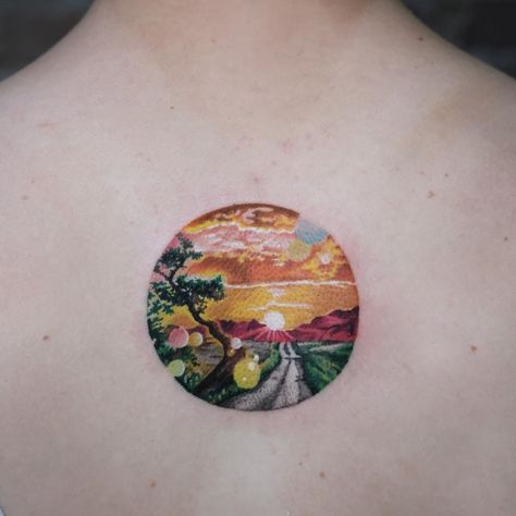 Starry Night Tattoo, Sunrise Tattoo, Band Tattoos For Men, Circular Tattoo, Tree Road, Sunset Watercolor, Garden Tattoos, Sunset Tattoos, Circle Tattoo