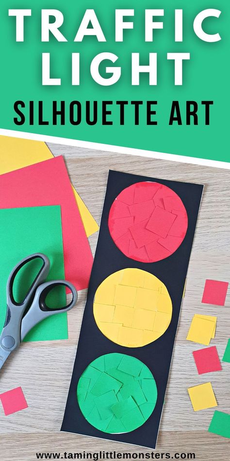 Traffic Light Silhouette Art for Kids. a fun and easy arts and crafts activity for preschool and kindergarten children. #transport #artsandcrafts #toddler #preschool #kindergarten Traffic Theme Preschool, Street Signs Preschool Art, Street Sign Crafts For Preschool, Garrett Morgan Stop Light Craft, Transportation Arts And Crafts Preschool, Traffic Safety Preschool Activities, Neighborhood Crafts For Preschoolers, Traffic Kindergarten Activities, Traffic Light Activities Preschool