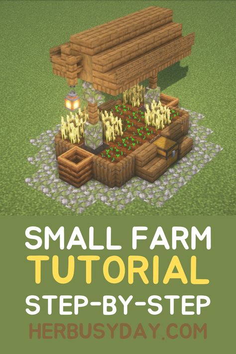 This step-by-step tutorial will guide you through building a small farm with a roof in Minecraft. For this farm, I planted wheat seeds and used spruce and mossy cobblestone for the most of the blocks. You will also need two chests, two composters, and two lanterns. Farming In Minecraft, Minecraft Cow Farm Ideas Design, Summer Camp Minecraft, Minecraft Bubble House, Cute Wheat Farm Minecraft, Small Spruce Minecraft House, Minecraft Small Decor Ideas, Minecraft Spruce Building Ideas, Minecraft Step By Step Houses