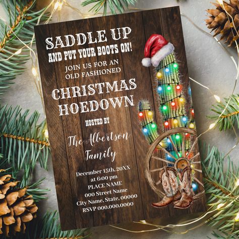 Cowboy Themed Christmas Party, Country Christmas Party Decorations, Ho Ho Hoedown Christmas Party, Cowboy Christmas Party Decorations, Western Christmas Party Ideas, Country Christmas Party Theme, Country Christmas Party Ideas, Country Christmas Invitations, Cowboy Christmas Party