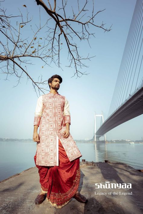 ASTITVA by Shunyaa, Legacy of the Legend. On Model : Achkan with intricate and unique cubic handembroidery in beautiful red, maroon and antique zari perfect for the 21st century traditional men's attire. Visit our store to experience the craftmanship of India. Join us at Shunyaa @ 7044393333 (WhatsApp/Call) Address: 38, CB Block, Sector 1, Salt Lake, Kolkata - 700064 https://maps.app.goo.gl/bC2n8q1LXh9GWQdr7 . . . #Astitva #ShunyaaSharbariDatta #SharbariDatta #Shunyaa #LegacyOftheLegend Panjabi For Men Bengali, Marriage Outfit, Indian Wedding Suits Men, Stylish Boy Clothes, Indian Dress Up, Wedding Fits, Stylish Boy, Wedding Dresses Men Indian, Bengali Bride