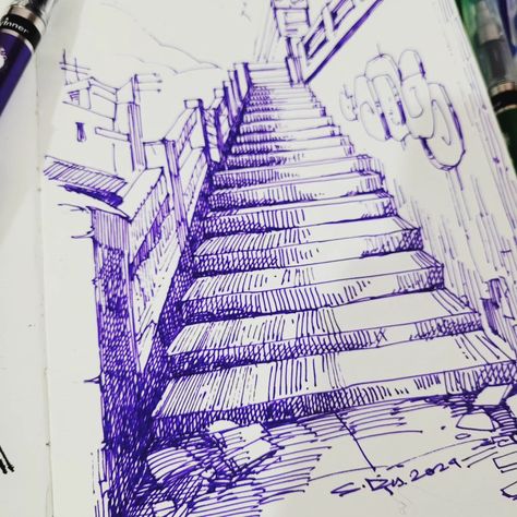 Capturing staircase using mov gel pen. • location- Near Dhakuria Lake. • Technique - Rapid sketch on paper. •Material- Doms sketchbook and Matrix gel pen. ~ Any queries ask me on comments. . . @domsindia . . #sketching #sketch_daily #sketchbook #subhosketchbook #artoftheday #art #artist #drawingsketch #rapidsketch #urbansketchers #urbanart #urbansketching #linedrawing Gel Pen Art, Daily Sketchbook, Sketch Daily, Pen Sketch, Urban Sketchers, Paper Material, Urban Sketching, Pen Art, Sky Aesthetic