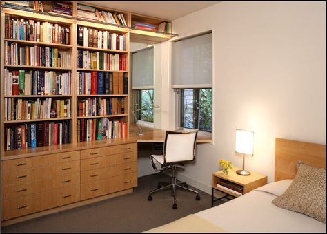 Maximize a corner by squeezing in a workspace and double your window with a mirror: by Denise DeCoster Architect Bookshelf Dresser, Small Corner Desk, Home Library Design Ideas, Greenwich Village Apartment, Desk Layout, Bookcase Design, Bedroom Corner, Guest Room Office, Home Library Design