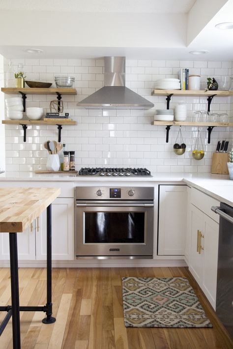 Opening Shelving | Before and After Photos Model Dapur, Interior Dapur, Desain Pantry, Kabinet Dapur, Kitchen White, Tile Kitchen, White Subway Tile, White Kitchen Design, घर की सजावट