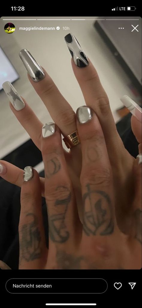 boyfriend girlfriend matching chrome nails Matching Chrome Nails, Grunge Nails Acrylic, Nails Acrylic Tips, Nail Ideas For Couples, Matching Nails, Mens Nails, Acrylic Tips, Chrome Nails Designs, Art Guide