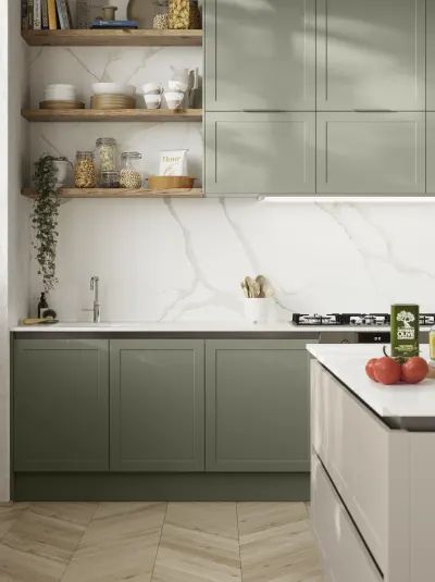 Moss Green Kitchen Cabinets, Moss Green Kitchen, Green Shaker Cabinets, Kitchen Cabinets End Panels, Green Country Kitchen, Olive Kitchen, Kitchen Oak, Sage Kitchen, Kitchen Colour Combination