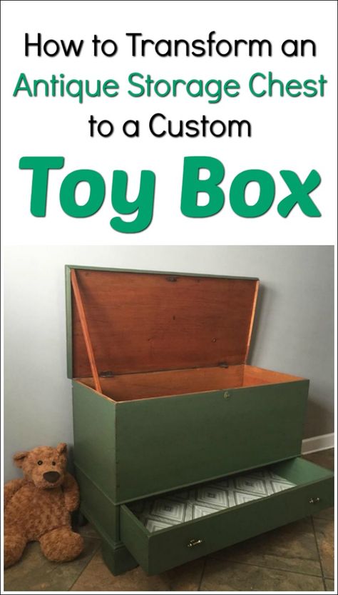 An antique handmade storage chest has been transformed it into a functional custom toy box with chalk type paint and a decoupaged fabric drawer. via @justthewoods Toy Chest Makeover, Painted Toy Chest, Dream Playroom, Green Painted Furniture, Painted Furniture For Sale, Antique Storage, Garage Sale Finds, Painted Furniture Colors, How To Paint Furniture