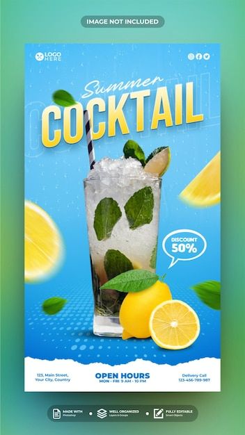 PSD summer cocktail social media post st... | Premium Psd #Freepik #psd Cocktail Social Media Design, Alcohol Social Media Design, Drink Social Media Post, Summer Drink Ads Creative Advertising, Orange Juice Social Media Design, Graphic Design Packaging, Story Template, Summer Cocktails, Social Media Post