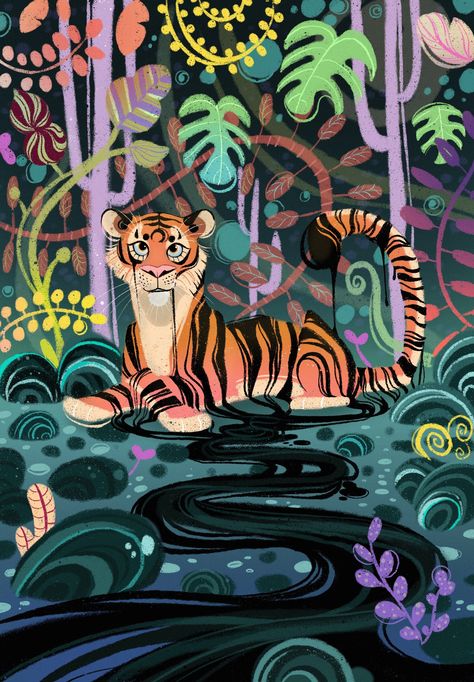 "jungle" by Clara Delbrel Rae Ritchie, Art Tigre, Wildlife Illustration, Barn Party, Jungle Illustration, Jungle Art, Party Inspo, Tiger Art, Cats Art