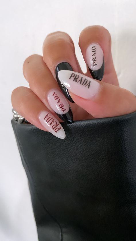 #prada #pradanails #blacknails #nailart Prada Nails Design, Prada Nails, Nails Acrylic Chanel, Prada Rings Silver, Acrylic Nails Chanel Design, Prada Products Aesthetic, Posh Nails, Chanel Nails, Simple Nail Art Designs