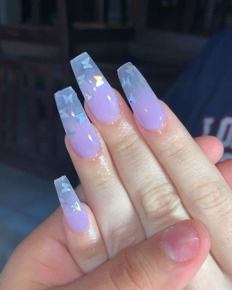 Acrylic Nails Lavender, Butterfly Acrylic Nails, Nails Lavender, Purple Acrylic Nails, Nagellack Trends, Coffin Nails Long, Summer Acrylic Nails, Butterfly Nail, Nails Long