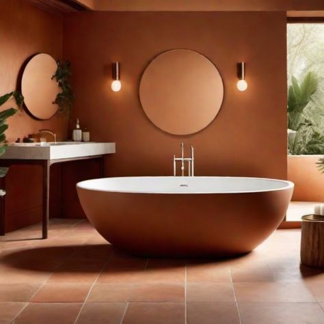 Modern bathroom with a large oval bathtub, a round mirror, and a sink with potted plants. Earth Toned Bathroom Ideas, Neutral Bathroom Ideas Earth Tones, Earth Tones Bathroom, Clay Bathroom, Earth Tone Bathroom, Bathroom Color Ideas, Vibrant Bathroom, Color Bathroom Design, Earthy Bathroom