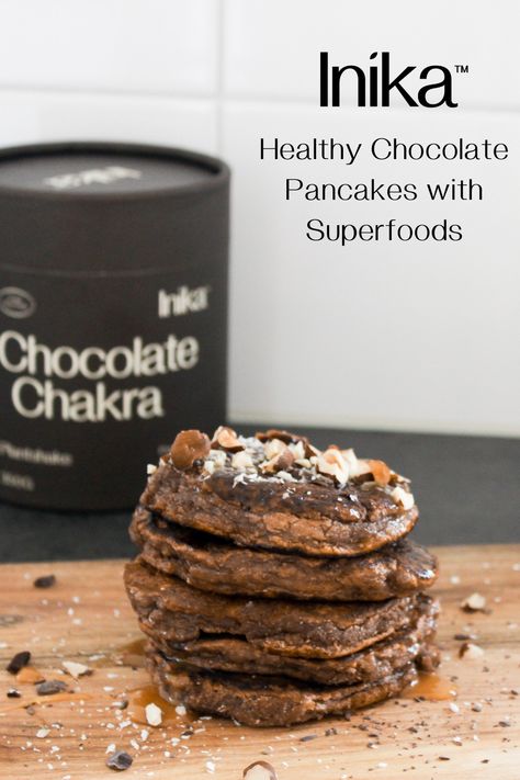 Healthy chocolate pancakes made with Inika Superfoods Chocolate Chakra shake, topped with Manuka Honey, coconut shreds, and hazelnuts. Healthy Pancake, Healthy Pancake Recipes, Chocolate Pancakes, Classic Breakfast, Pancakes Healthy, Banana Pancakes, Healthy Chocolate, Manuka Honey, Free Breakfast