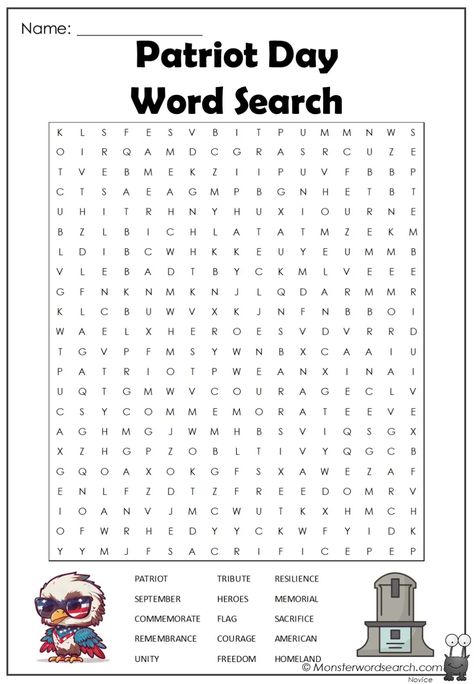 Patriot Day Activities For Kindergarten, Memorial Day Worksheets For Kids, Veterans Day Word Search, Patriots Day Activities, 4th Of July Word Scramble, Patriotic Words, Free Printable Word Searches, Word Search Printables, Patriots Day