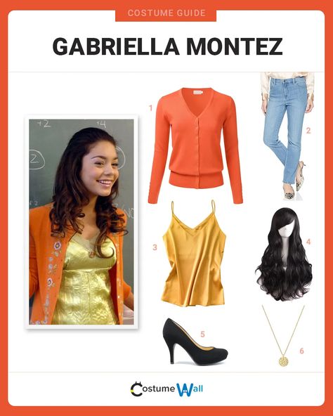 Channel your inner Gabriella with this simple cosplay and sing the night away with your all-time favorite HSM hits. Gabriella High School Musical Outfits, Gabriella Montez Outfits, Gabriella High School Musical, High School Musical Costumes, Gabriela Montez, Gabriella Montez, Channel Outfits, Got Costumes, Black Hair Wigs