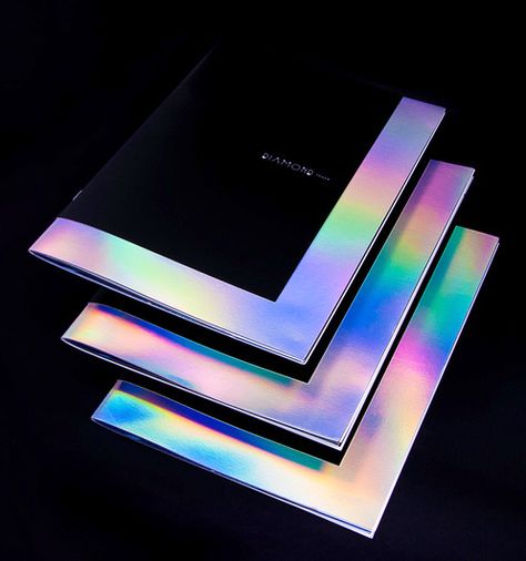 This brochure cover shows a unique way to feature rainbow holographic board. Poster Design Competition, Holographic Design, Holographic Print, Holography, Creative Box, Game Ui Design, Web Graphic Design, Screen Design, Album Design