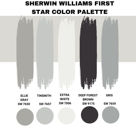 Sw First Star Coordinating Colors, First Star Sherwin Williams, Star Color Palette, Peppercorn Sherwin Williams, Sherwin Williams Snowbound, Sherwin Williams Extra White, Bright Paint Colors, Beige Paint Colors, Sherwin Williams Gray