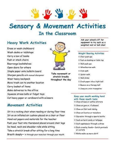 Sensory and movement in the classroom Sensory Motor, Occupational Therapy Activities, Sensory Diet, Pediatric Occupational Therapy, Sensory Integration, Movement Activities, Heavy Work, Sensory Processing Disorder, Aktivitas Montessori