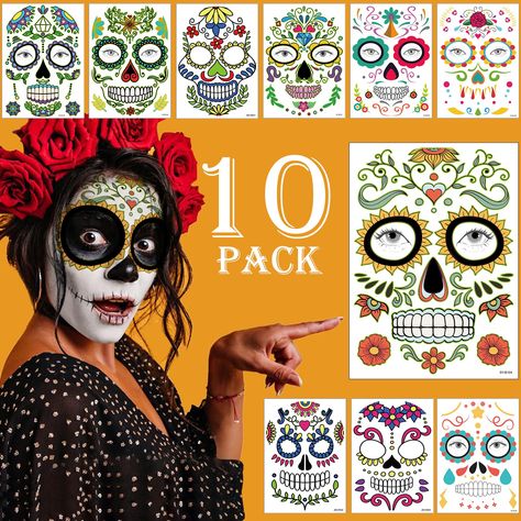 PRICES MAY VARY. Ten Times The Fun: Our sugar skull makeup kit contains ten sheets of face tattoos of different personalized elements. Each day of the dead skull face temporary tattoo can be cut out individually, with simple base makeup, you will create unknown horror atmosphere. Matched the tattoos with different dia de Los Muertos costumes, and you will get more Halloween role-playing fun. With these days of the dead face paintings, you will transform into the ambient highlight of a Halloween Sugar Skull Art Painting, Skull Face Tattoo, Temporary Face Tattoos, Halloween Makeup Sugar Skull, Halloween Sugar Skull, Sugar Skull Costume, Sugar Skull Face, Diy Skulls, Stitch Tattoo