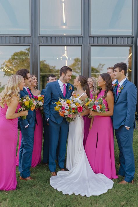 Wedding Shades Of Pink, Wedding Colors Fuschia, Groomsmen With Pink Bridesmaid, Spring Wedding Colors Groomsmen, Barbie Pink Wedding Theme, Fuschia Wedding Theme, Bright Pink Wedding Theme, Summer Reception Ideas, Pink And Purple Bridesmaid Dresses