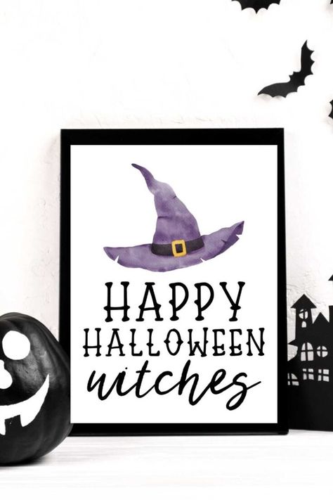 Grab this free printable sign to decorate your party on a budget. Hocus Pocus Party, Spooky Signs, Holiday Diy Projects, Party On A Budget, Happy Halloween Signs, Happy Halloween Witches, Halloween Templates, Farmhouse Halloween, Halloween Fonts