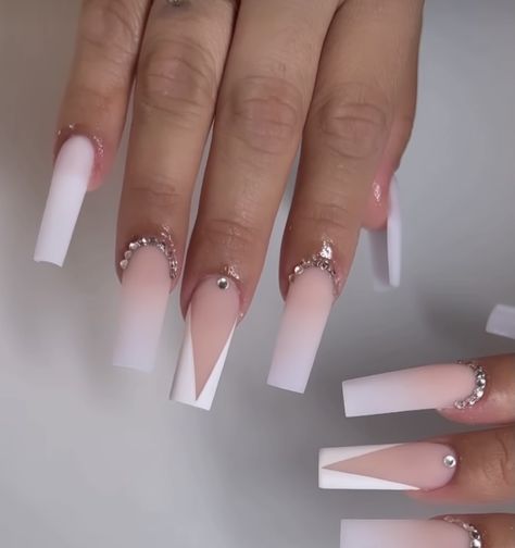 White French Tip Nails Square Long With Design, Ombre And French Tip Nails, White French Tip Acrylic Nails With Initial, White Initial Nails, White Nails With Diamonds Rhinestones, White Acrylics With Initial, Nails With Initial A, Long White Acrylic Nails With Initials, Nail Inspo Long Square Y2k