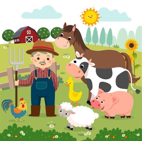 Cartoon of old farmer and farm animals o... | Premium Vector #Freepik #vector #farm-animals #farmer-cartoon #farm-fence #farm-cartoon Farm Classroom Theme Decor, Pepper Illustration, Animals In Action, Farm Cartoon, Old Farmer, Farm Pictures, Barn Animals, Happy Farm, Flashcards For Kids