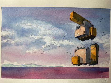 Sci Fi Watercolor, Scifi Watercolor, Sci Fi Landscape, Floating House, Diy Watercolor, Art Style Inspiration, Watercolor Paint, Art Aesthetic, Sci Fi Art