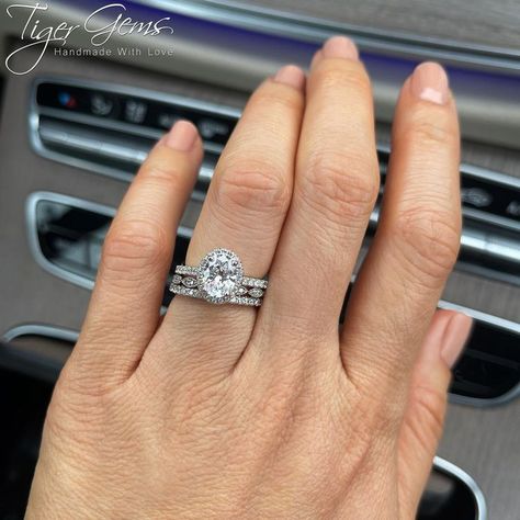 Halo Ring With Stacked Bands, Oval Halo Ring With Stacked Bands, Halo Engagement Ring Stack, Oval Halo Wedding Ring Set, Halo Ring With Wedding Band, Small Rings Engagement, Engagement Ring Stack, Halo Oval Engagement Ring, Wedding Stack