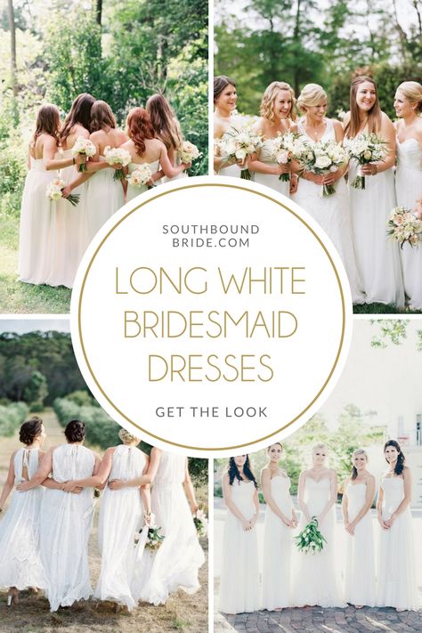 Long White Bridesmaid Dresses | SouthBound Bride White Bridesmaid Dresses Long, White Bridesmaids Dresses, White Bridesmaid Dress, Bridesmaid Looks, Ivory Bridesmaid Dresses, White Bridesmaid, White Bridesmaid Dresses, May Wedding, All White Wedding