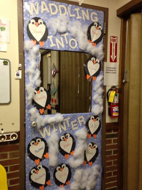 Waddling into winter Waddling Into Winter Door, Waddling Into Winter Bulletin Board, January Door Decorations Classroom, January Door Decorations, April Bulletin Boards, Preschool Door, Door Decorations Classroom Christmas, Winter Bulletin Board, Winter Bulletin