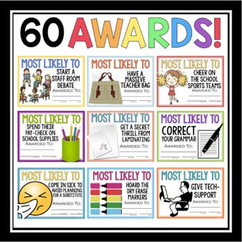 END OF THE YEAR AWARDS FOR TEACHER / STAFF MOST LIKELY TO by Presto Plans Funny Teacher Awards, Work Team Building Activities, Preschool Director, Staff Awards, Funny Awards, Teacher Morale, Elementary Principal, English Teacher Resources, Teacher Motivation