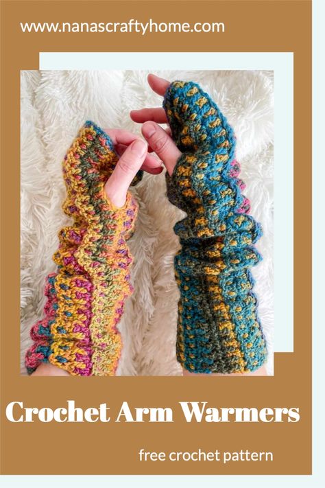 The Mountain Trail crochet Arm Warmers are a free crochet pattern by Nana's Crafty Home! These fun and easy arm warmers are worked in as a rectangle and then seamed with a thumb opening. A unique stitch pattern creates a woven appearance. Crochet Ear Warmer Free Pattern, Crochet Arm Warmers, Crochet Hand Warmers, Crochet Wrist Warmers, Fingerless Gloves Crochet Pattern, Hand Muff, Crochet Cowl Pattern, Easy Crochet Patterns Free, Mountain Trail