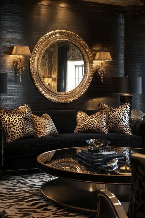 black-and-gold-living-room Black White Gold Living Room Decor, Black And Copper Living Room, Leopard Living Room Ideas, Black And Gold Living Room Ideas, Black And Gold Marble Background, Black White Gold Living Room, Black Gold Living Room, Gold Living Room Ideas, Black And Gold Wallpaper