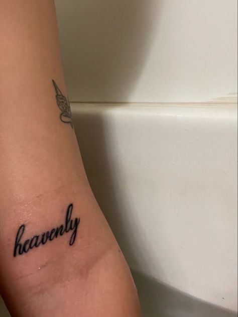 Heavenly Tattoos Word, Heavenly Angel Tattoo, Baddie Mini Tattoos, Heavenly Tattoos Women, Tatoos About God, Heaven Quotes Tattoos, One Of None Tattoo, Heavenly Tattoo Word, Yes To Heaven Tattoo