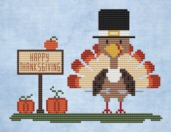 Cross stitch pattern from Cute Embroidery By Kate featuring a turkey wishing you a happy Thanksgiving!    Model stitched on 14 Ct. Aida of your choice with DMC floss. Stitch Count: 79 x 59. Finished size: 5.64" x 4.21". Cross Stitch Chicken Pattern, Candy Corn Cross Stitch Pattern, Thanksgiving Cross Stitch Patterns, Turkey Cross Stitch, Thanksgiving Cross Stitch, Stitch Thanksgiving, Christmas Counted Cross Stitch, Christmas Cross Stitch Patterns Free, Mermaid Cross Stitch